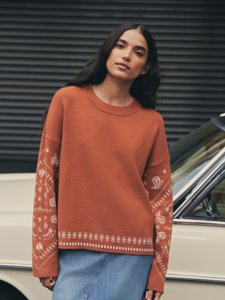 Brown Paisley Scarf Detail Knit Look Jumper - Image 2 of 12