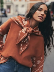 Brown Paisley Scarf Detail Knit Look Jumper - Image 5 of 12