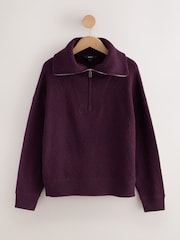 Bakłażanowy fioletowy - Quarter Zip Cosy Knit Jumper - Obraz 1 z 7