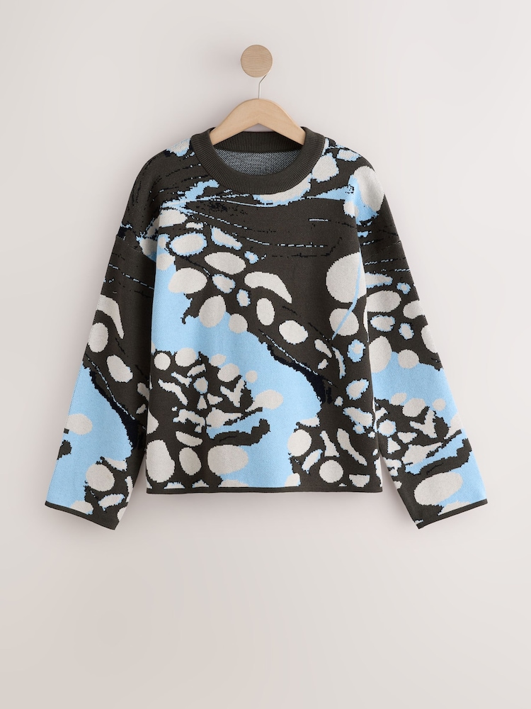 Green Butterfly Print Striped Knit Look Crew Neck Jumper - Image 1 of 3