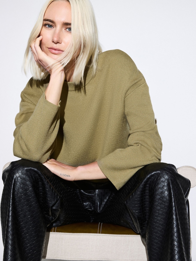 Olive Green Striped Knit Look Crew Neck Jumper - Image 1 of 8