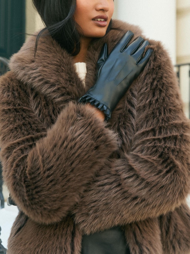 Love & Roses Black Frill Faux Leather Gloves - Image 1 of 4