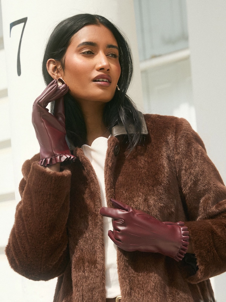 Love & Roses Burgundy Red Frill Faux Leather Gloves - Image 1 of 6
