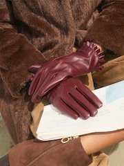 Love & Roses Burgundy Red Frill Faux Leather Gloves - Image 3 of 6