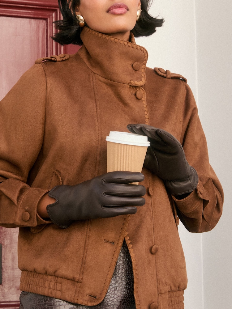 Love & Roses Chocolate Brown Fleece Lined Leather Gloves - Image 2 of 6