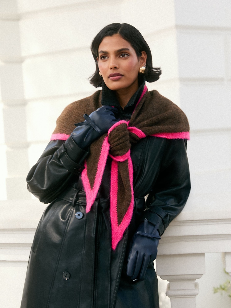Love & Roses Chocolate Brown and Pink Contrast Border Triangle Scarf - Image 2 of 7 Love & Roses Chocolate Brown and Pink Contrast Border Triangle Scarf - Image 2 of 7
