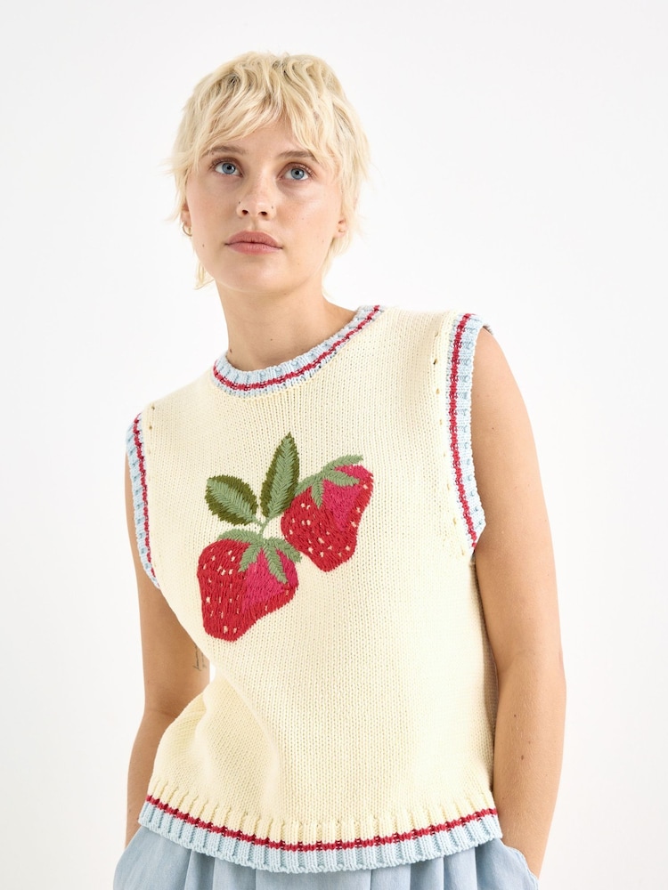 Oliver Bonas Cream Embroidered Knitted Tank Top - Image 1 of 7