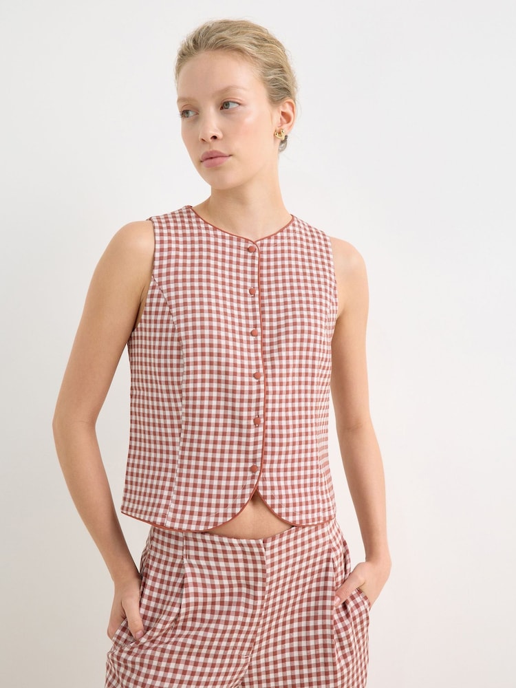 Oliver Bonas Brown Gingham Tailored Waistcoat - Image 1 of 7