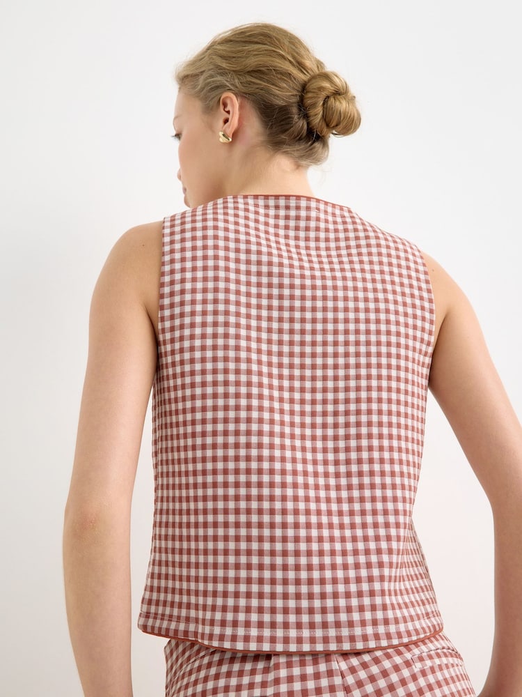 Oliver Bonas Brown Gingham Tailored Waistcoat - Image 2 of 7