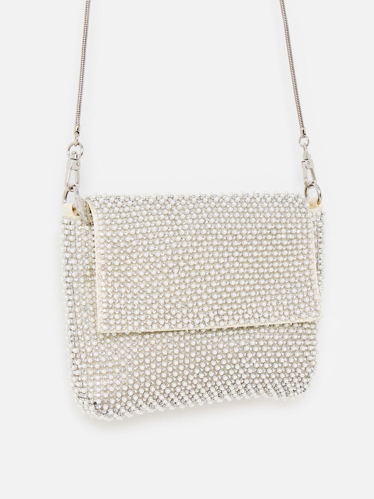 Oliver Bonas Cream Jodie Silver Gem & Faux Pearl Chain Mail Clutch Bag - Image 1 of 6