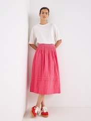 Oliver Bonas Pink Gingham Shirred Waist Midi Skirt - Image 1 of 7