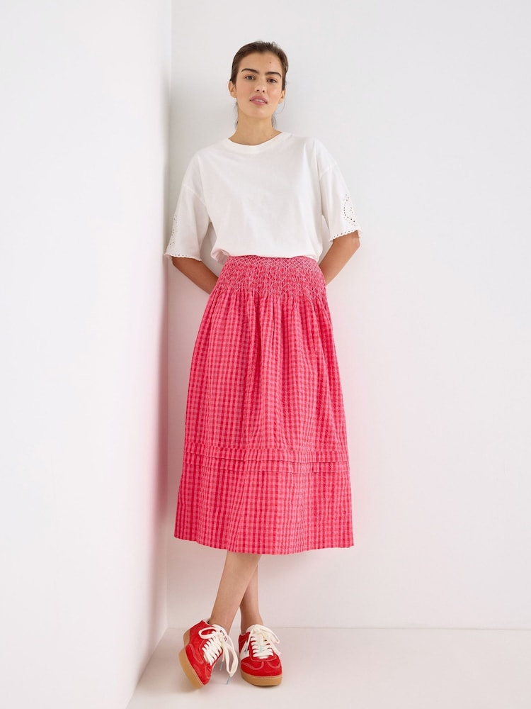 Oliver Bonas Pink Gingham Shirred Waist Midi Skirt - Image 1 of 7