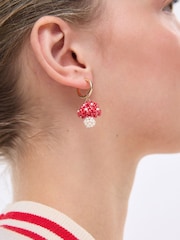 Oliver Bonas Red Mandy Mushroom Beaded Drop Hoop Earrings - Image 5 of 5