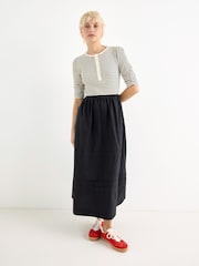 Oliver Bonas Black Striped Ruched Sleeve Midi Dress - Image 1 of 7