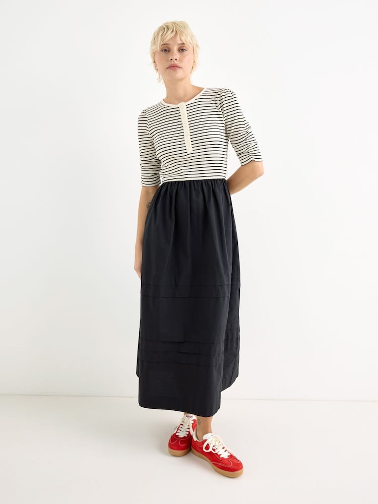 Oliver Bonas Black Striped Ruched Sleeve Midi Dress - Image 1 of 7