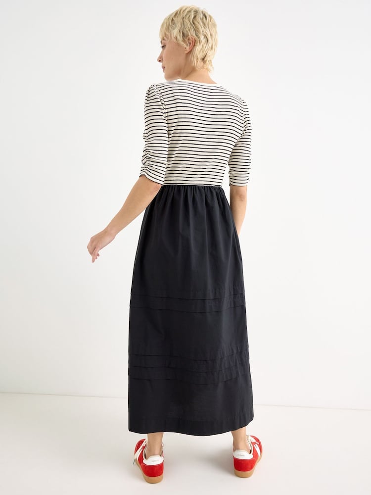 Oliver Bonas Black Striped Ruched Sleeve Midi Dress - Image 2 of 7