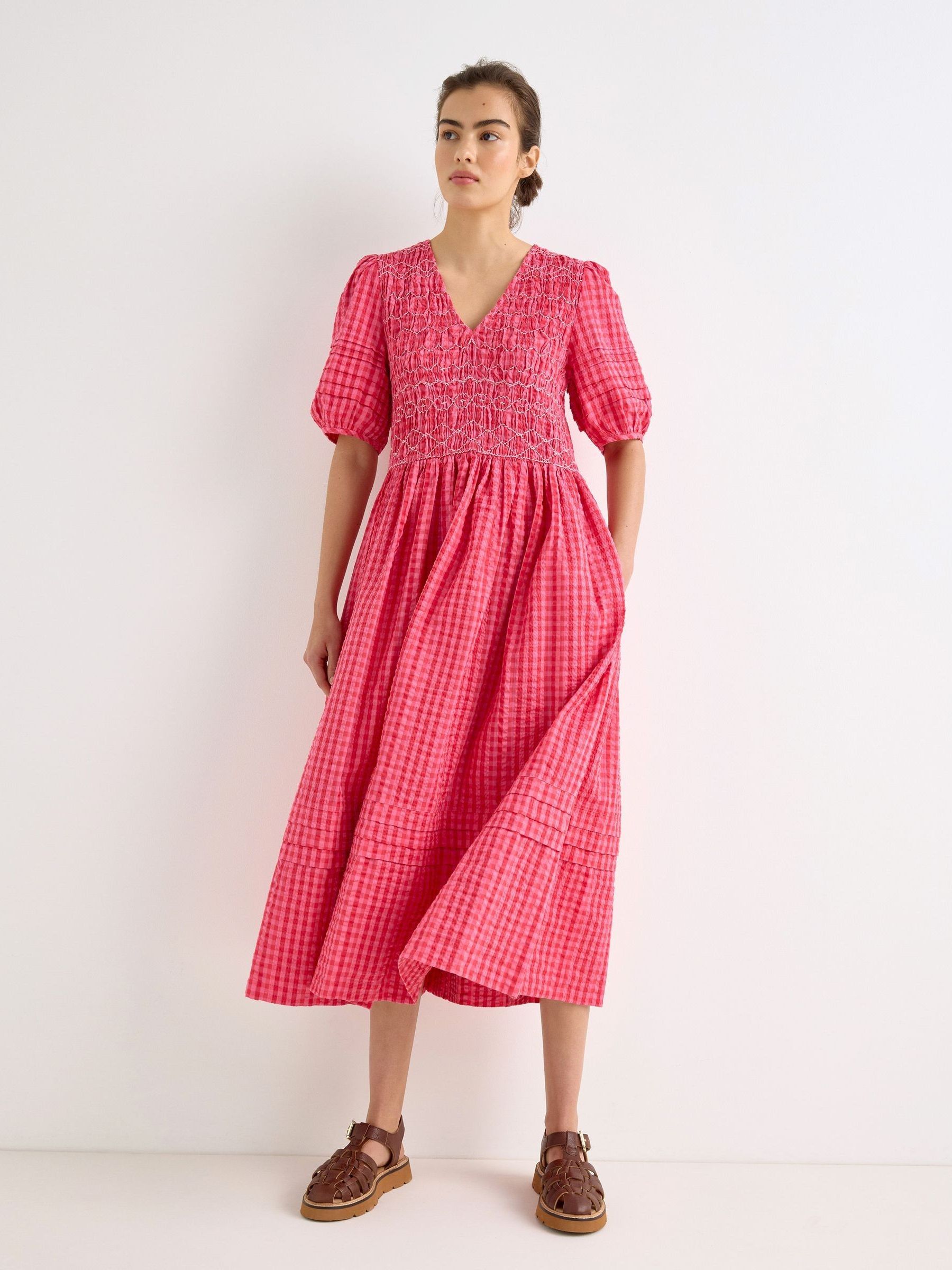 Buy Oliver Bonas Pink Gingham Shirred Bodice Puff Sleeve Midi