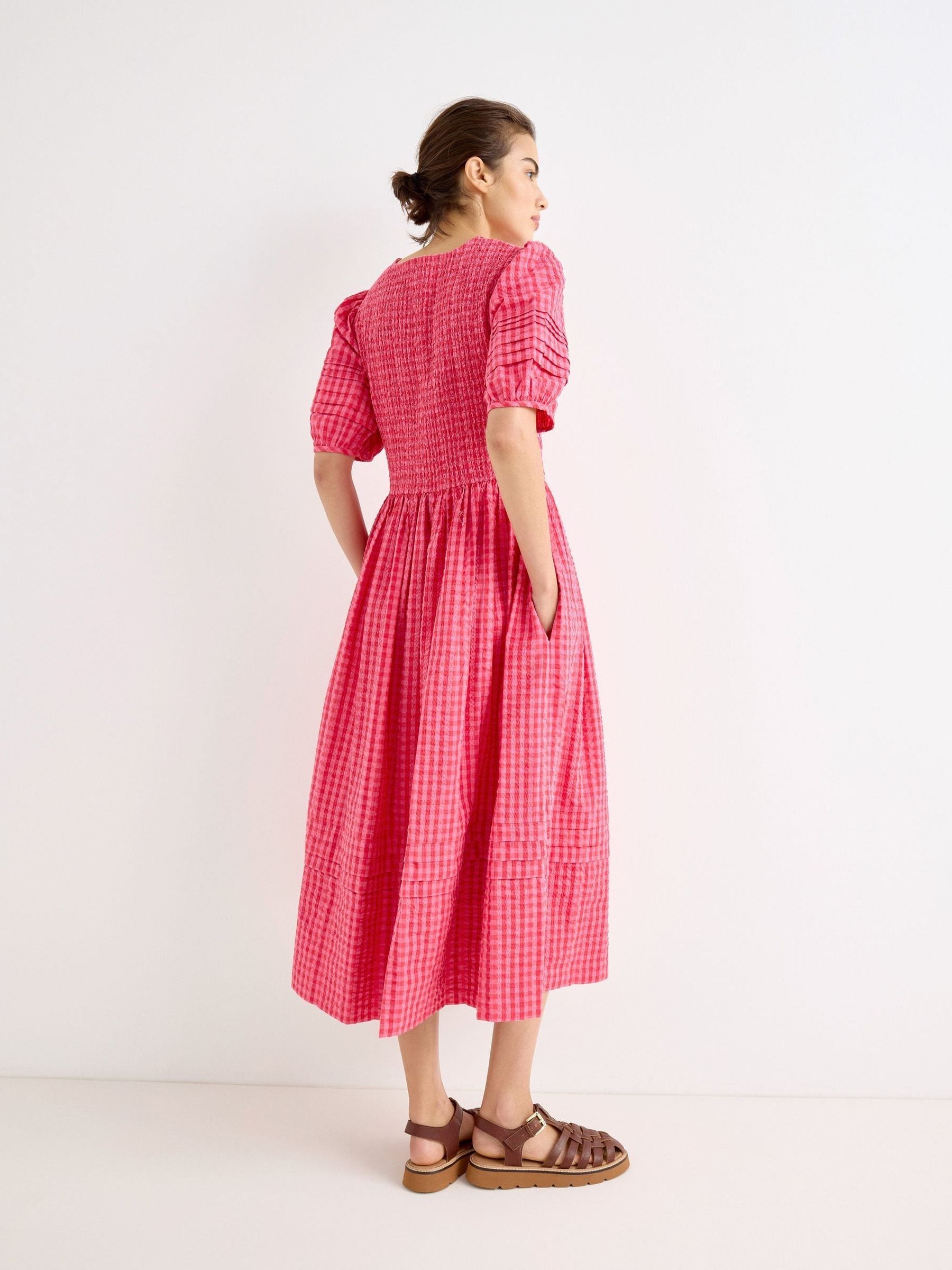 トップス POPPY GINGHAM ORGANZA SHIRRED TUNIC Buy Oliver Bonas Pink Gingham Shirred Bodice Puff Sleeve Midi