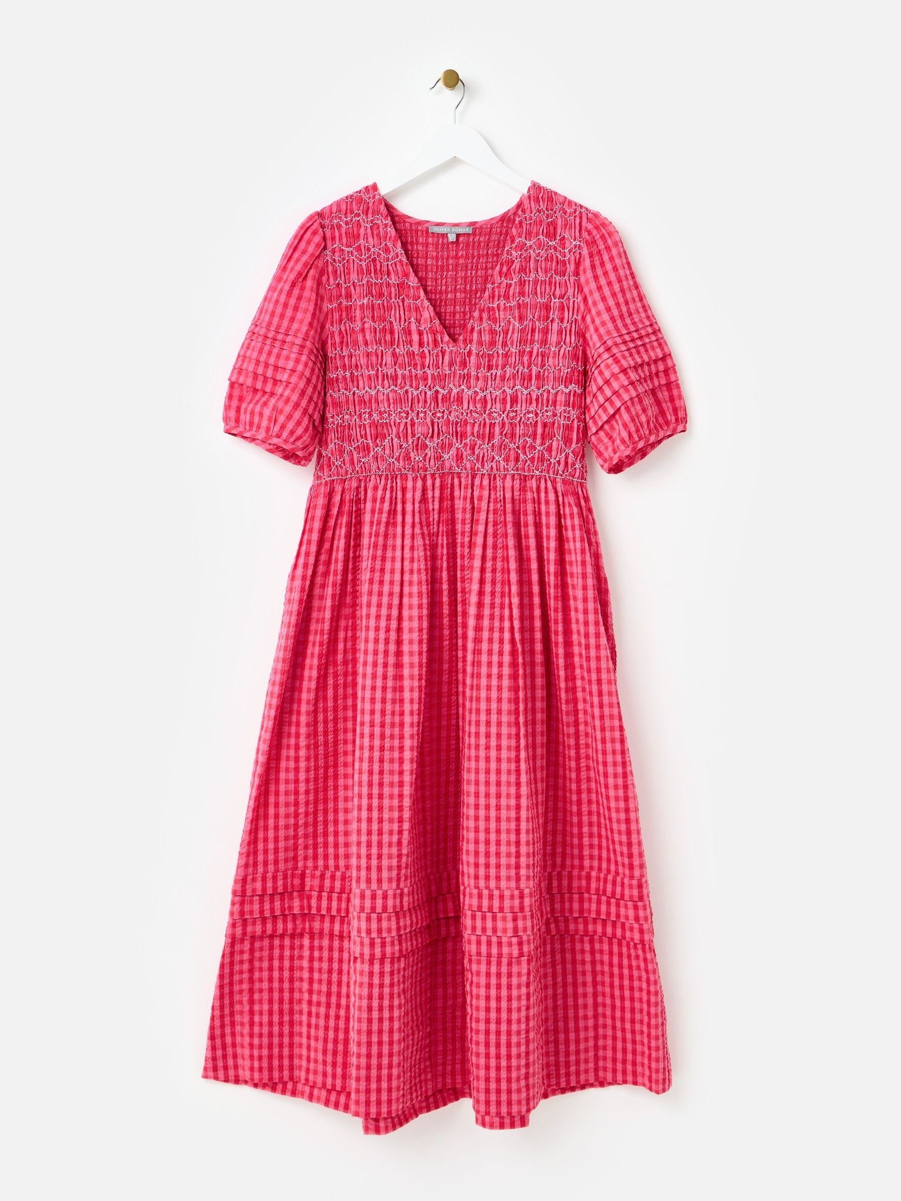 Buy Oliver Bonas Pink Gingham Shirred Bodice Puff Sleeve Midi