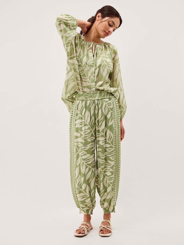 Monsoon Green Lillie Leaf Print Balloon Trousers - Image 1 of 5