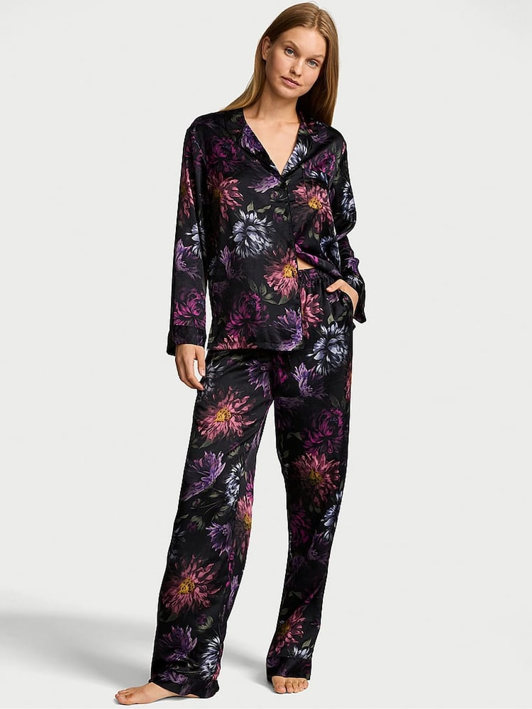 Victoria's Secret Black Floral Satin Long Pyjamas Set - Image 1 of 3 Victoria's Secret Black Floral Satin Long Pyjamas Set - Image 1 of 3