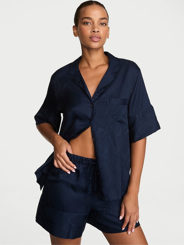 Victoria's Secret Noir Navy Blue Snake Satin Short Pyjamas Set - Image 1 of 4 Victoria's Secret Noir Navy Blue Snake Satin Short Pyjamas Set - Image 1 of 4