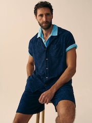 White Stuff Blue Totten Geo Towelling Short Sleeves Shirt - Image 1 of 7