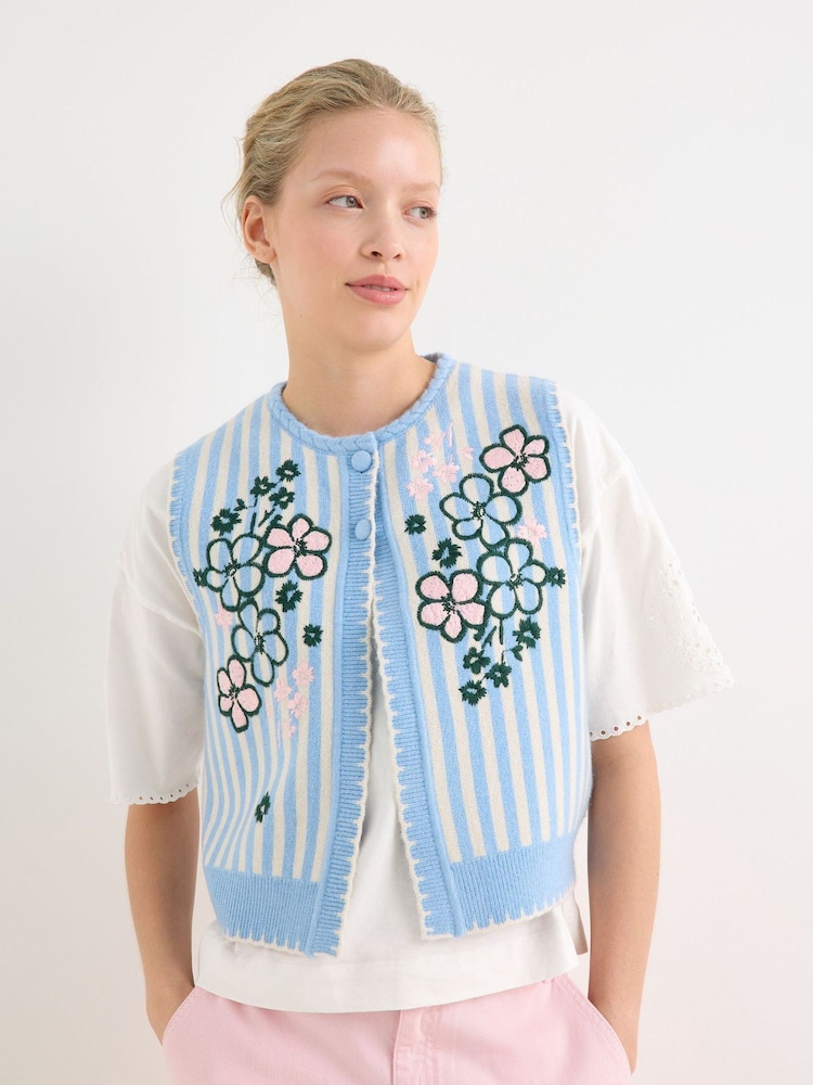 Oliver Bonas Striped Floral Embroidered Knitted Waistcoat - 圖片 1/7