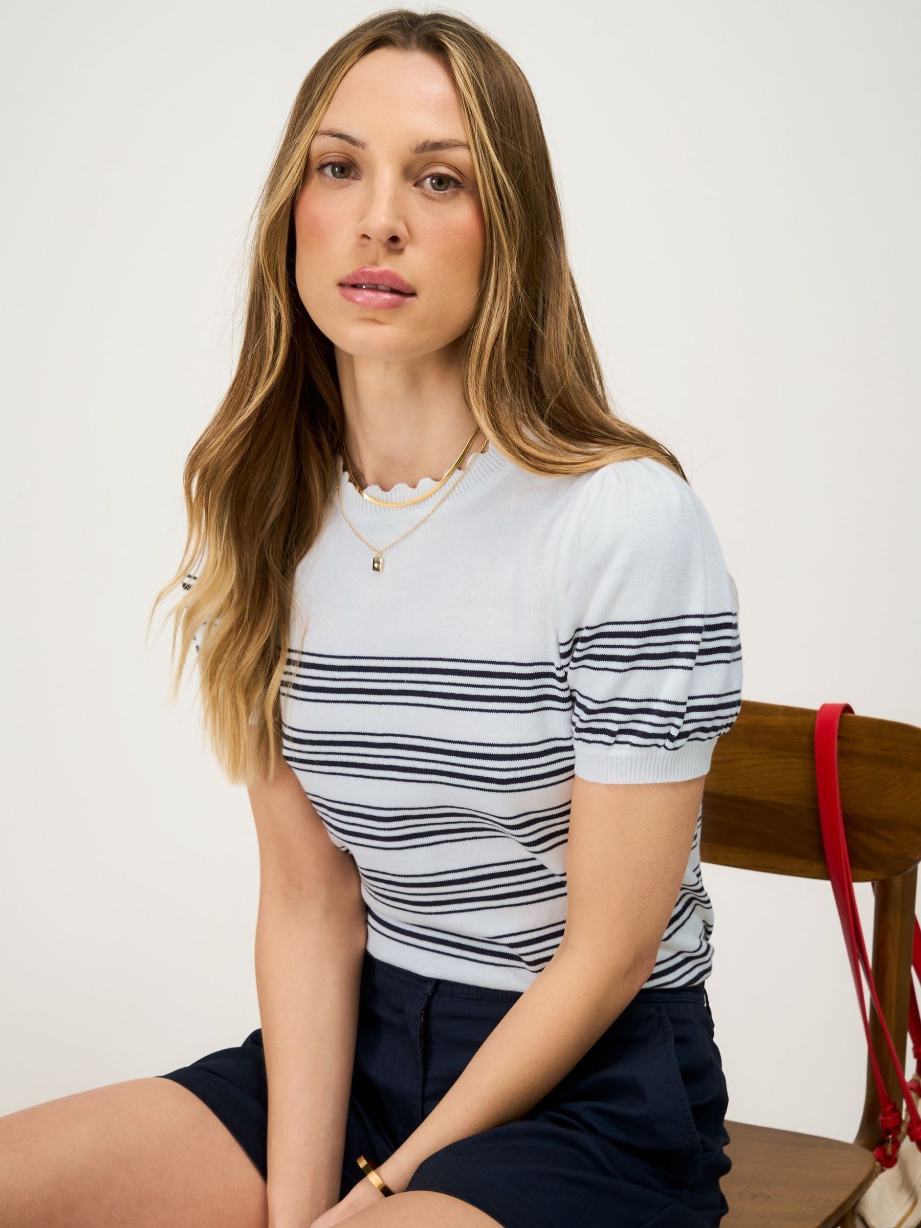 Buy Crew Clothing Blue Scallop Edge Puff Sleeve Cotton Knitted Top