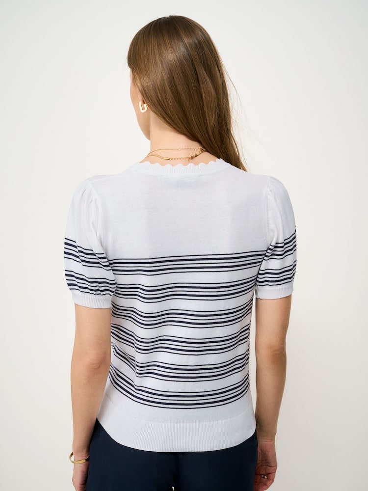 Crew Clothing Blue Scallop Edge Puff Sleeve Cotton Knitted Top - Image 2 of 5
