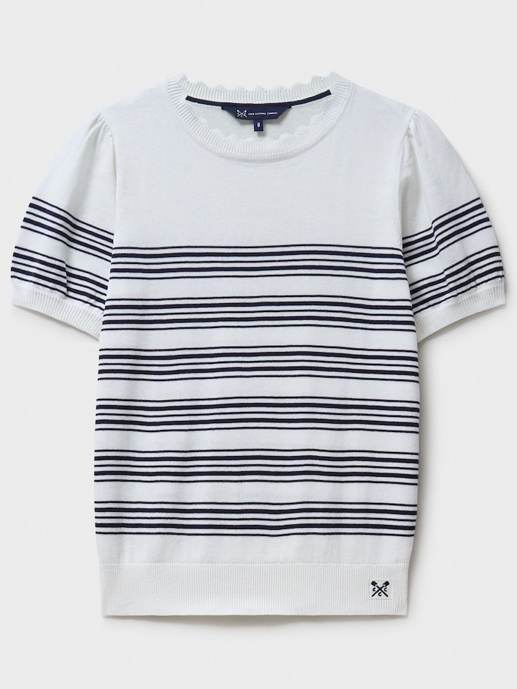 Crew Clothing Blue Scallop Edge Puff Sleeve Cotton Knitted Top - Image 5 of 5