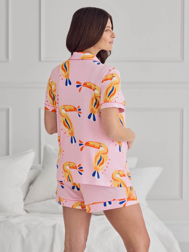 Chelsea Peers Pink Maternity Tencel™ Modal Toucan Print Short Pyjamas Set - Image 2 of 5