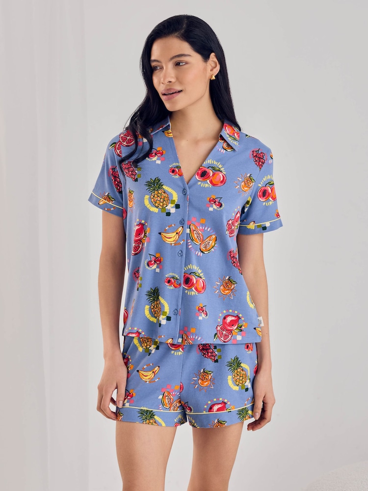Chelsea Peers Blue Fruit Party Print Button Up Short Pyjamas Set - Image 1 of 6