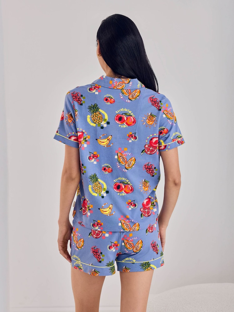 Chelsea Peers Blue Fruit Party Print Button Up Short Pyjamas Set - Image 2 of 6