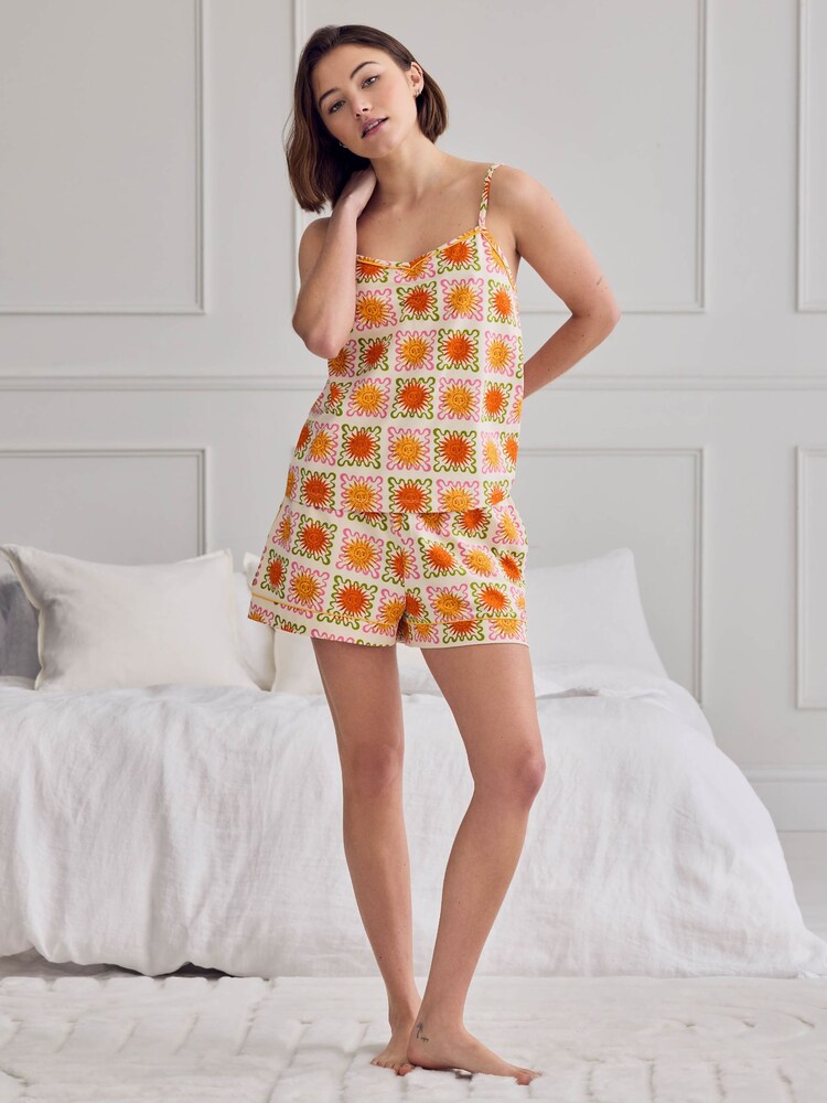 Chelsea Peers Natural Sunshine Tile Print Cami Short Pyjamas Set - Image 1 of 5