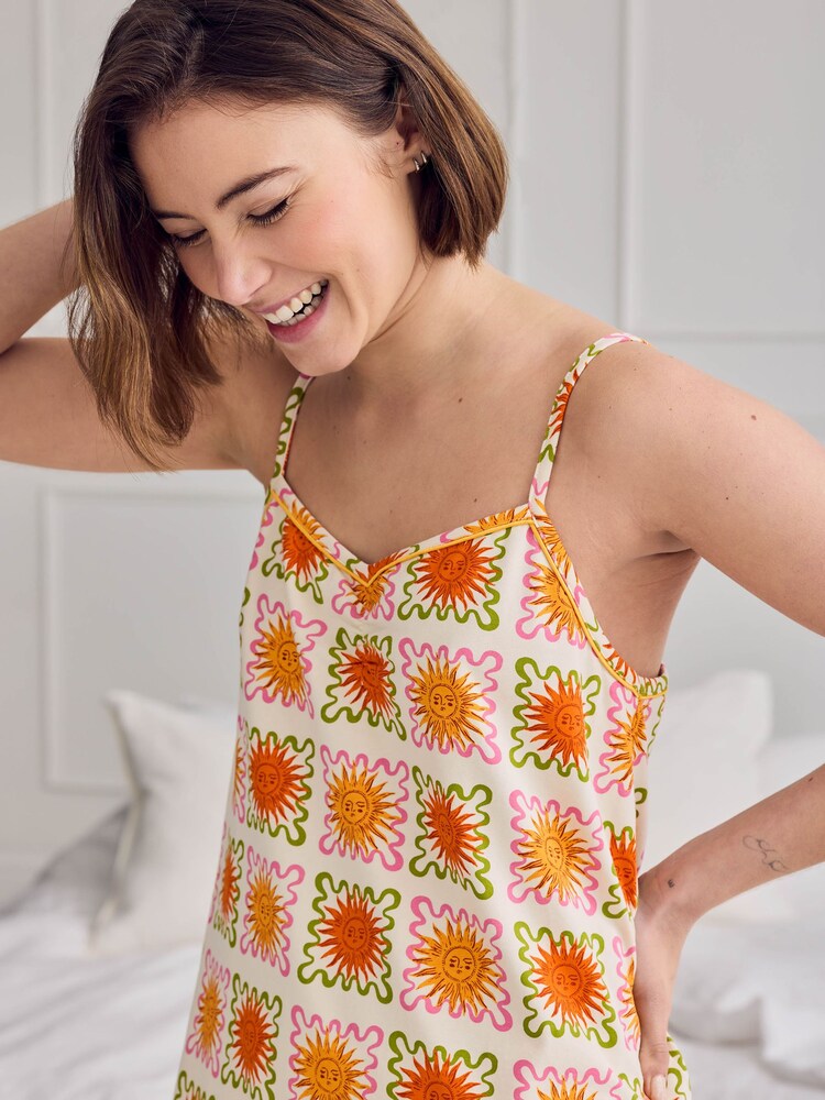Chelsea Peers Natural Sunshine Tile Print Cami Short Pyjamas Set - Image 2 of 5