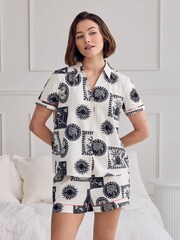 Chelsea Peers Natural Stamp & Tile Print Short Pyjamas Set - Image 1 of 6