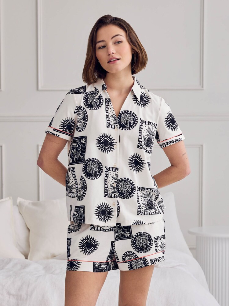 Chelsea Peers Natural Stamp & Tile Print Short Pyjamas Set - Image 1 of 6