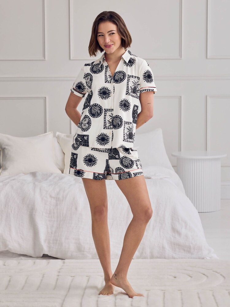 Chelsea Peers Natural Stamp & Tile Print Short Pyjamas Set - Image 2 of 6