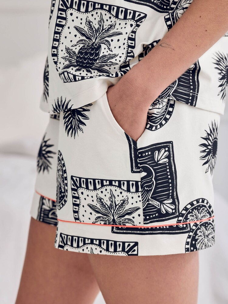 Chelsea Peers Natural Stamp & Tile Print Short Pyjamas Set - Image 6 of 6