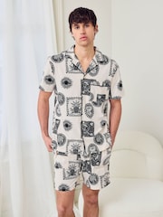 Chelsea Peers Natural Stamp & Tile Print Short Pyjamas Set - Image 1 of 6