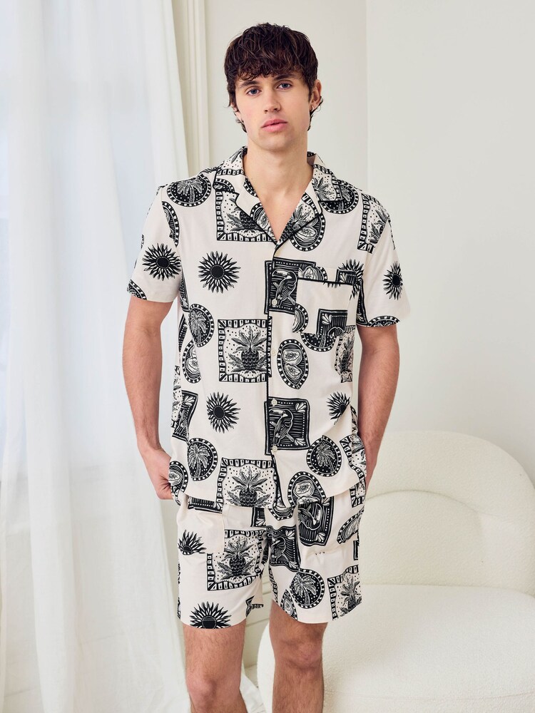 Chelsea Peers Natural Stamp & Tile Print Short Pyjamas Set - Image 1 of 6