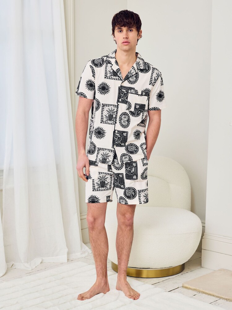 Chelsea Peers Natural Stamp & Tile Print Short Pyjamas Set - Image 2 of 6