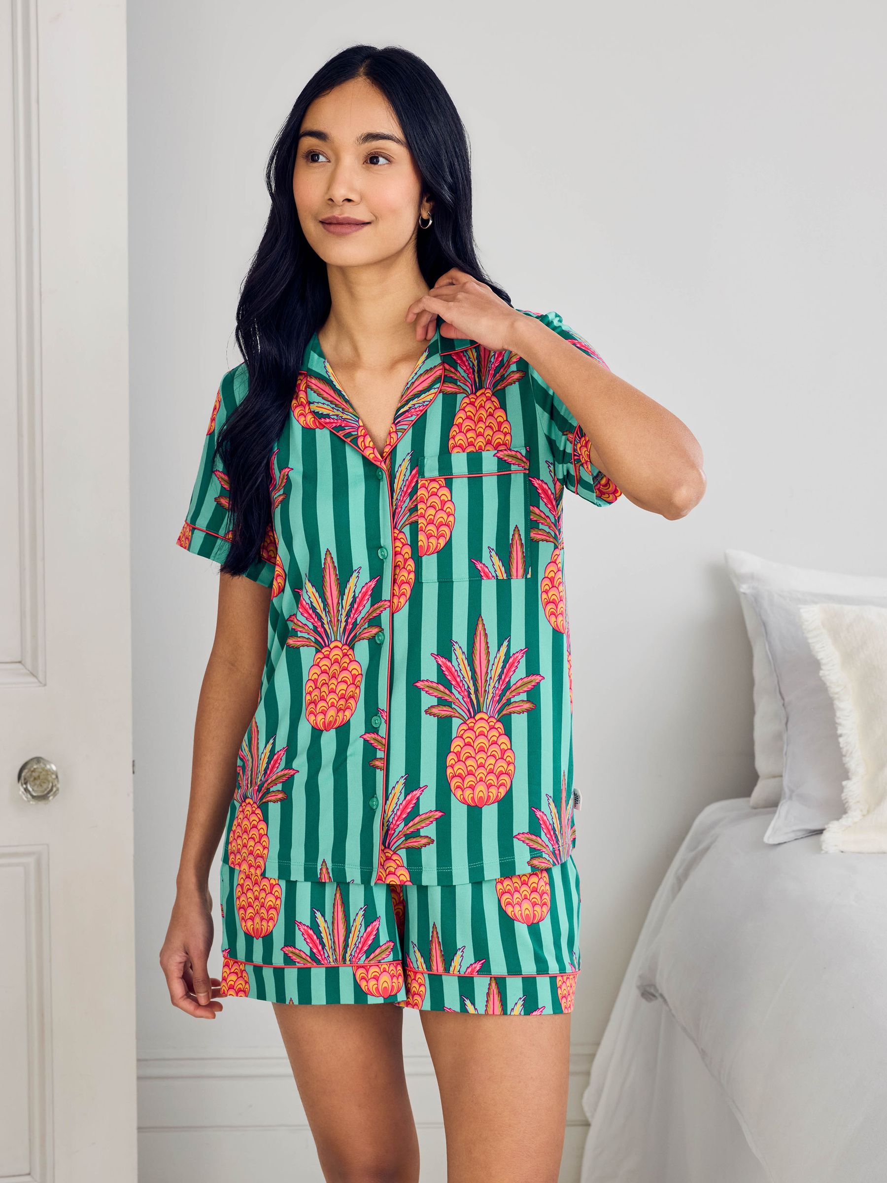 Buy Chelsea Peers Green Pineapple Stripe Print Short Pyjamas Set