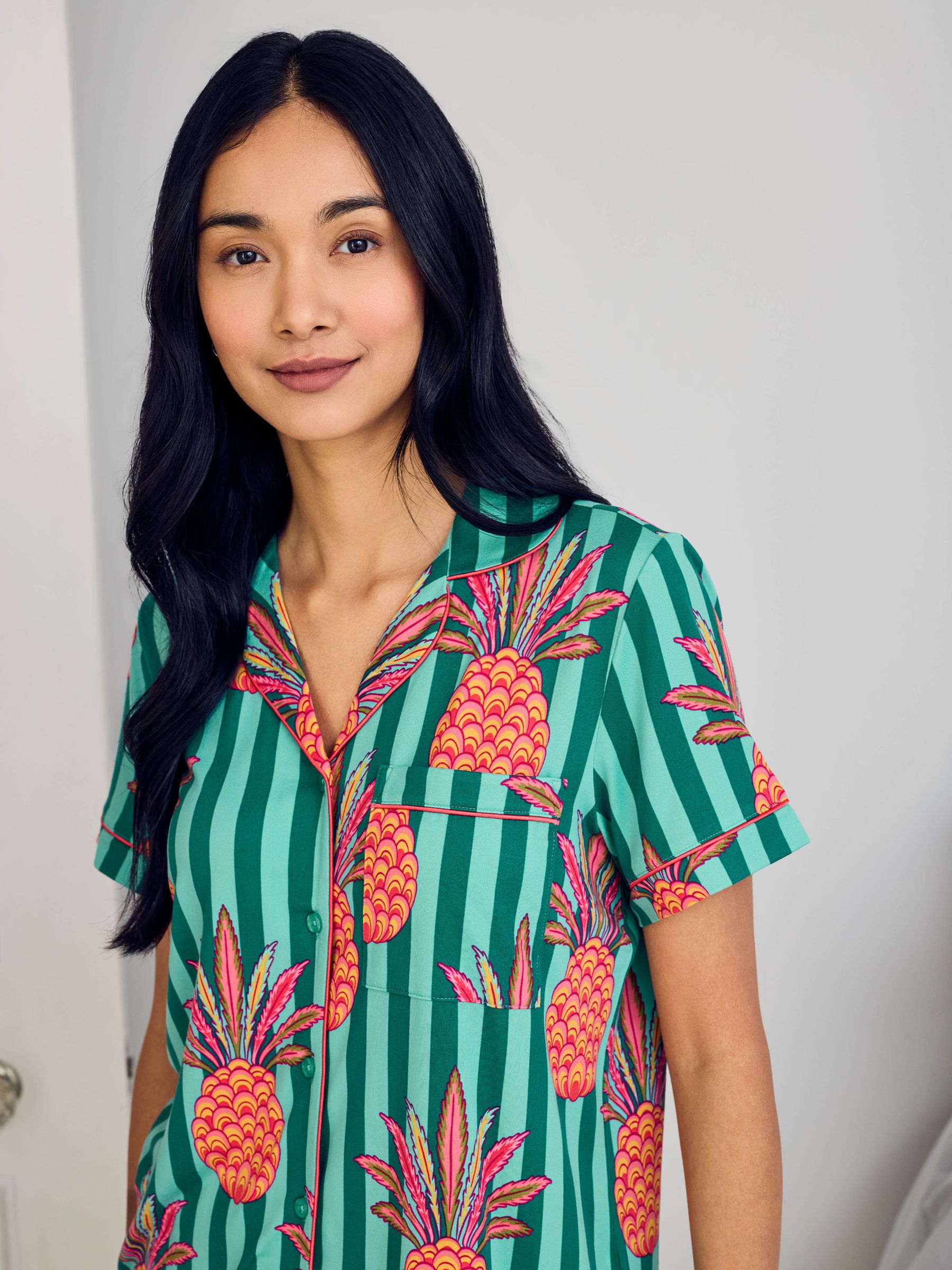 Buy Chelsea Peers Green Pineapple Stripe Print Short Pyjamas Set