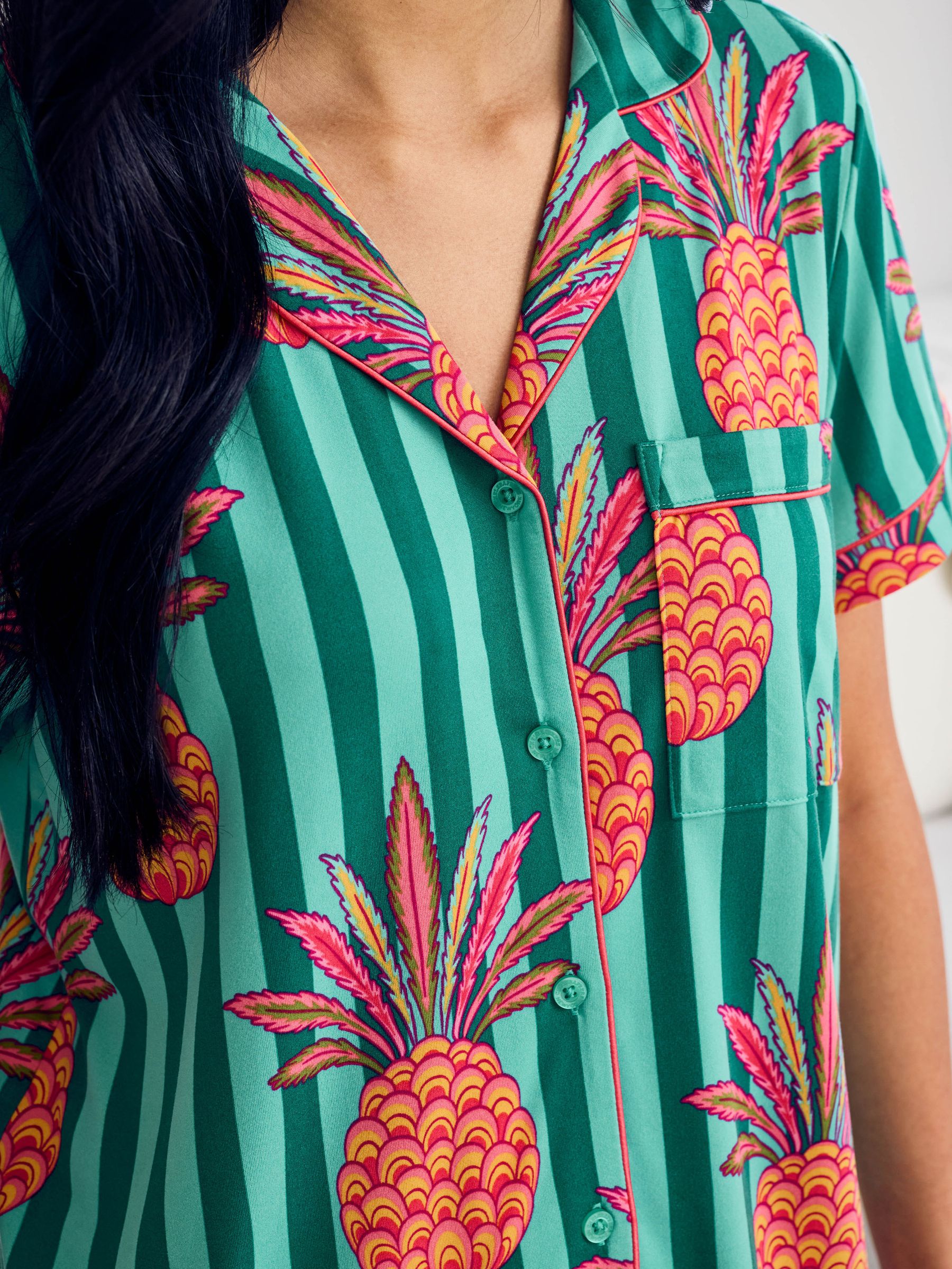 Buy Chelsea Peers Green Pineapple Stripe Print Short Pyjamas Set