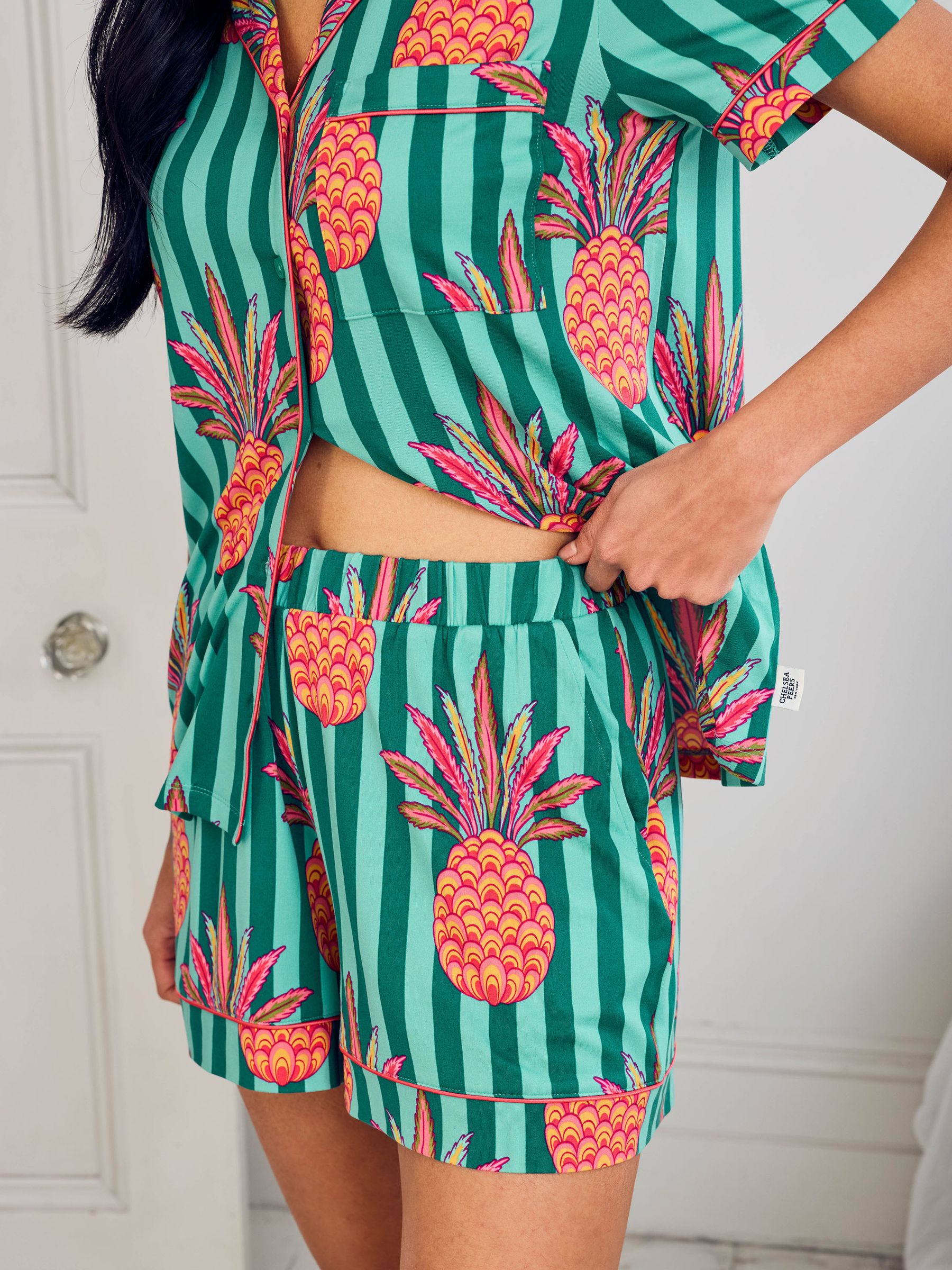 Buy Chelsea Peers Green Pineapple Stripe Print Short Pyjamas Set