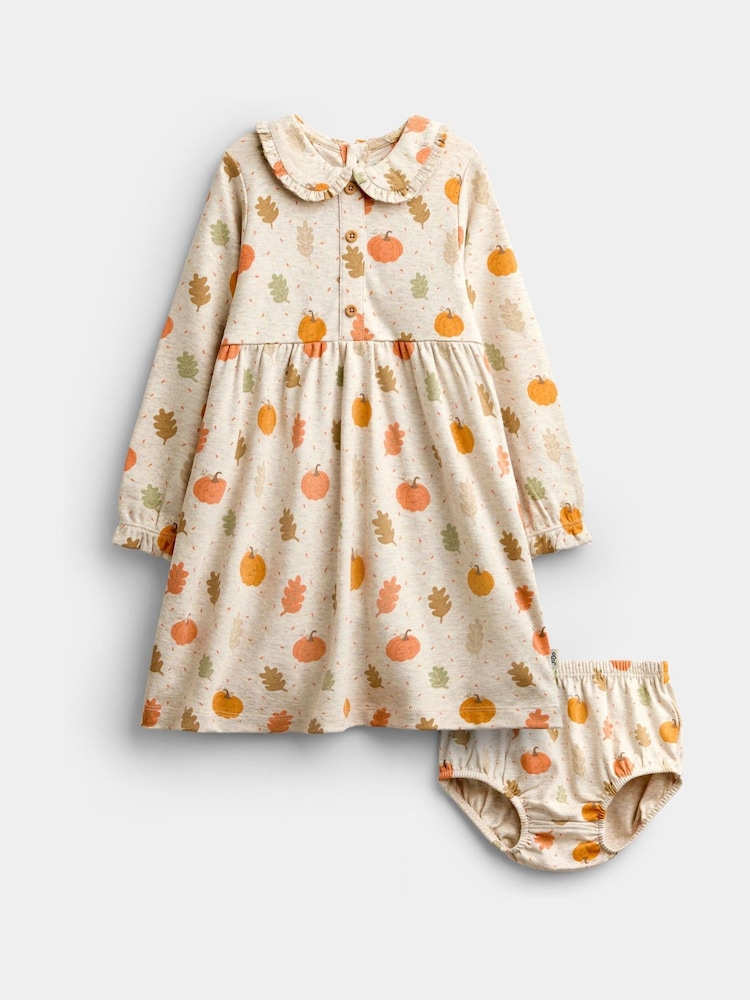 JoJo Maman Bébé Oatmeal Pumpkin Collared Printed Baby Dress & Knicker Set - Image 1 of 7 JoJo Maman Bébé Oatmeal Pumpkin Collared Printed Baby Dress & Knicker Set - Image 1 of 7