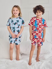 Chelsea Peers Blue Checkerboard Shark / Surfing Crocodile Print Short Pyjamas Set 2 Pack - Image 1 of 10