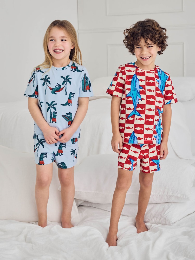 Chelsea Peers Blue Checkerboard Shark / Surfing Crocodile Print Short Pyjamas Set 2 Pack - Image 1 of 10